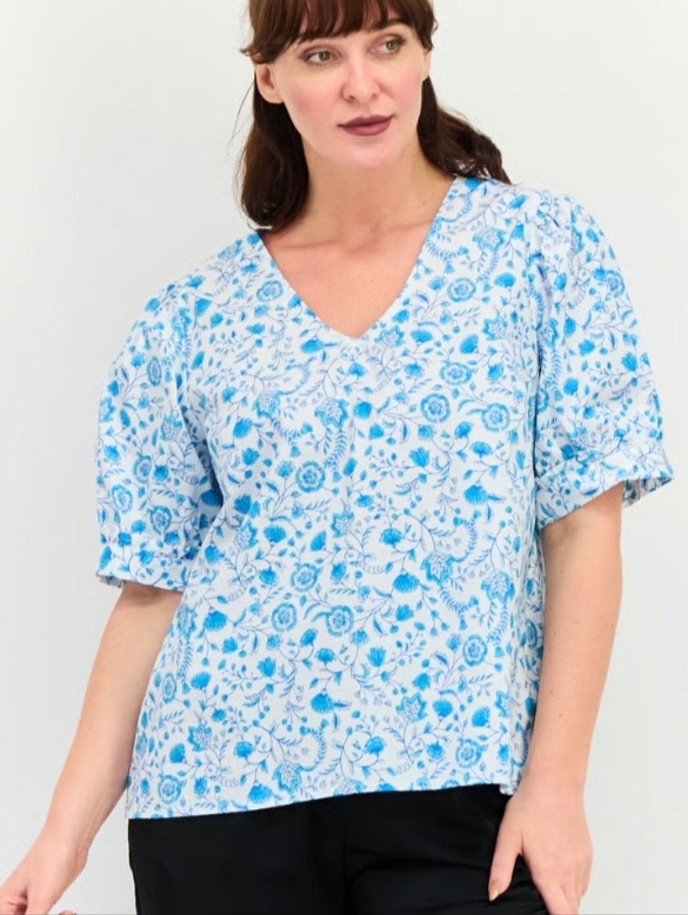 Draper James Women V Neck Puff Short Sleeve Floral Print Blouse Women's Size XL